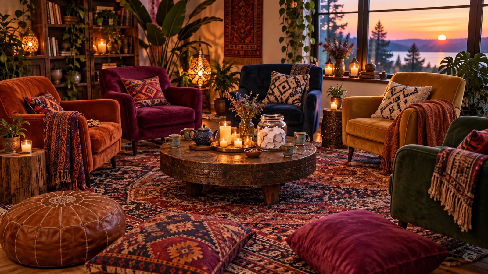 Armchairs and floor cushions in a circle around a low table with candles and tea, warm evening light