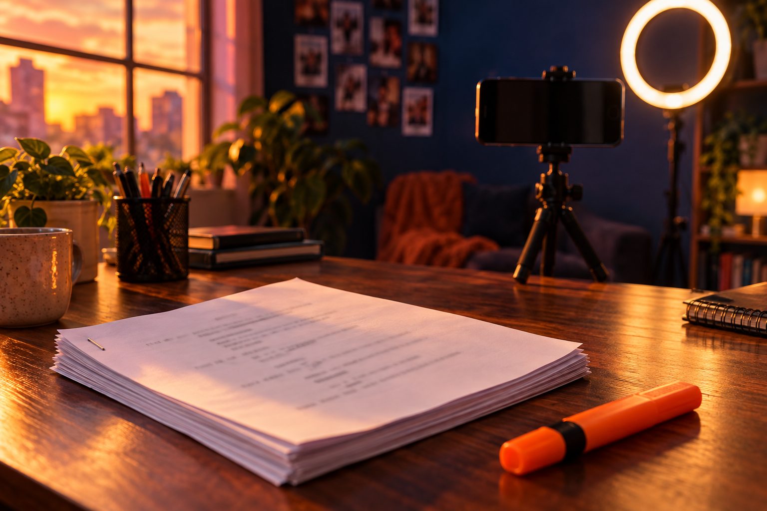 Audition sides and an orange highlighter on a desk, a phone on a tripod and a ring light behind